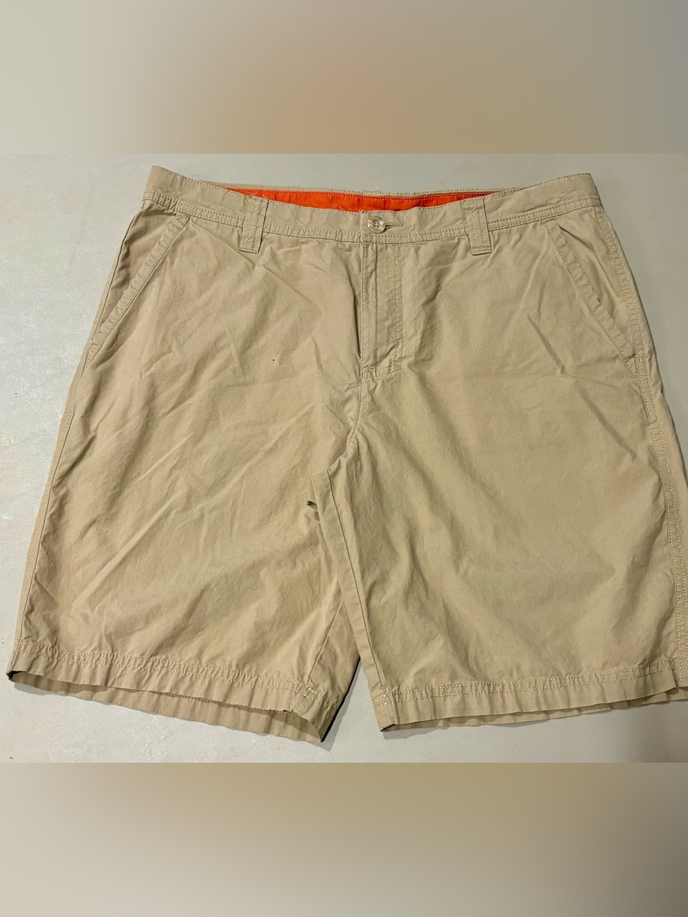 Columbia Men's Beige Flat Front Shorts with Orange Waistband